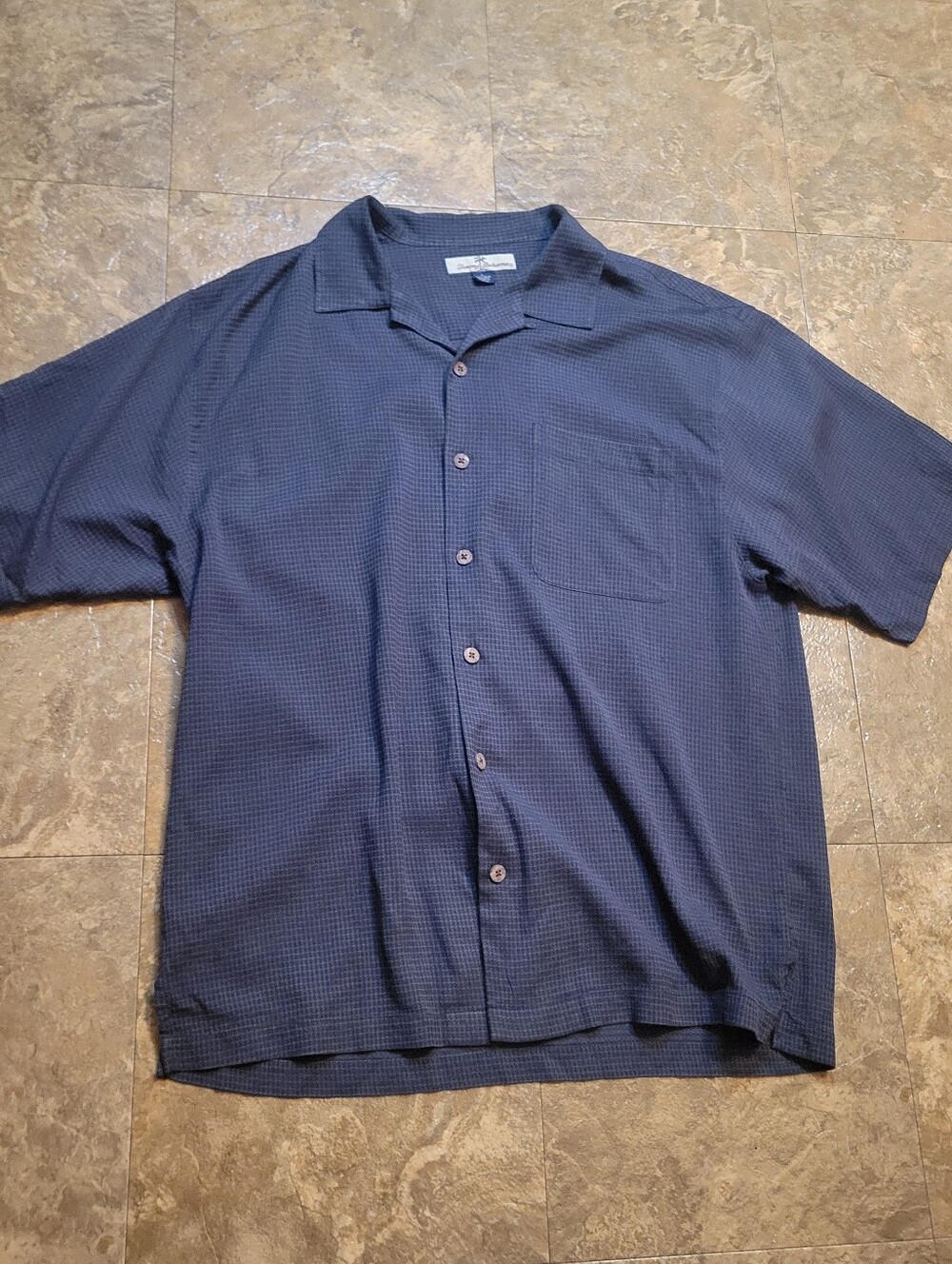 Tommy Bahama Silk Camp Shirt Mens Large L Gray SS Grid Check Hawaiian Vacation